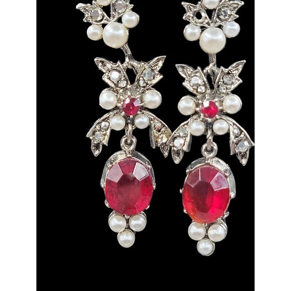 ART Jewelry Set Red Black Rhinestones Faux Pearl 22" Necklace & CIip On Earrings - Picture 9 of 16